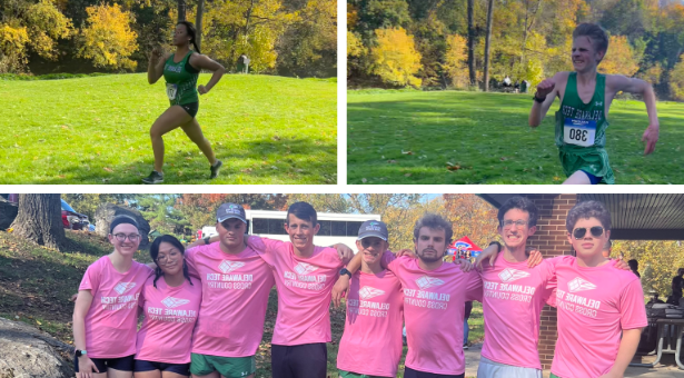 三张图片的拼贴:前两张图片是两个不同的越野跑者, 下面的图片是一群特拉华理工大学的越野运动员穿着粉红色的特拉华理工大学田径运动衫